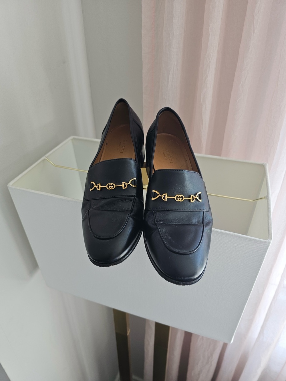 Gucci Black Leather Womens Loafers with Gold Bit Detail